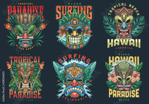 Hawaiian totems colorful set logotypes