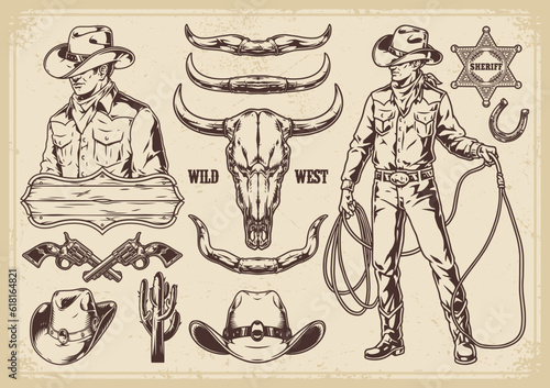 Wild west set stickers monochrome