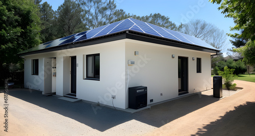 modernes neues haus bungalow mit erdwärme wärmepumpe und solar solarstrom auf dem dach. fiktiv generative ki