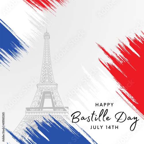 French National Day, 14th of July brush stroke banner in colors of the national flag of France with Eiffel tower and hand lettering Happy Bastille Day. Vector illustration.