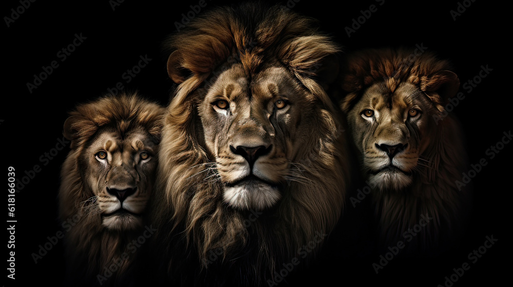 Naklejka premium portrait of three adult lions close-up on a black background, ultra realism. Animal king closeup. Generative AI