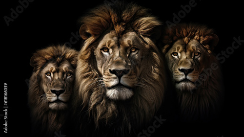 portrait of three adult lions close-up on a black background  ultra realism. Animal king closeup. Generative AI