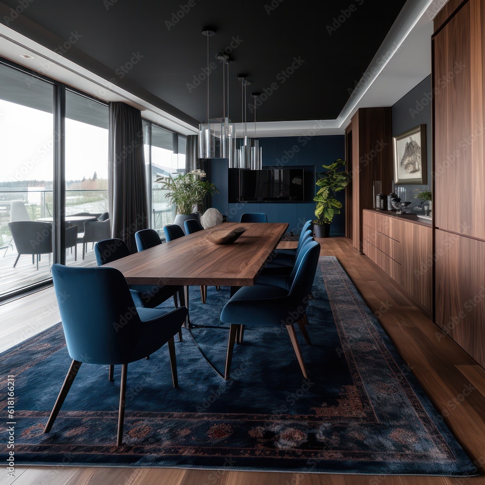 Fototapeta premium Wide View of a Luxurious Dining Room with a Long Table, Elegant Chairs, and Sophisticated Decor.