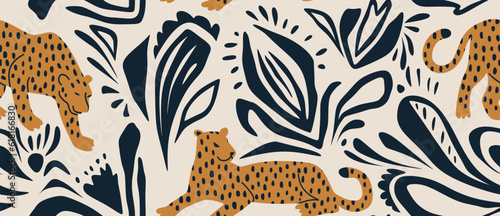 abstract collage pattern with leopards hand draw. Creative collage contemporary floral seamless pattern.