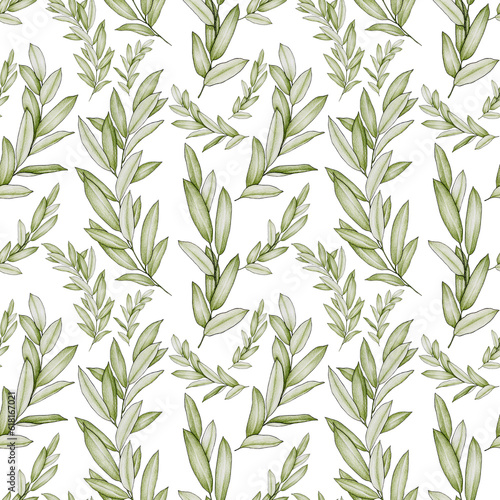 Fototapeta Naklejka Na Ścianę i Meble -  Seamless pattern with green leaves on white background