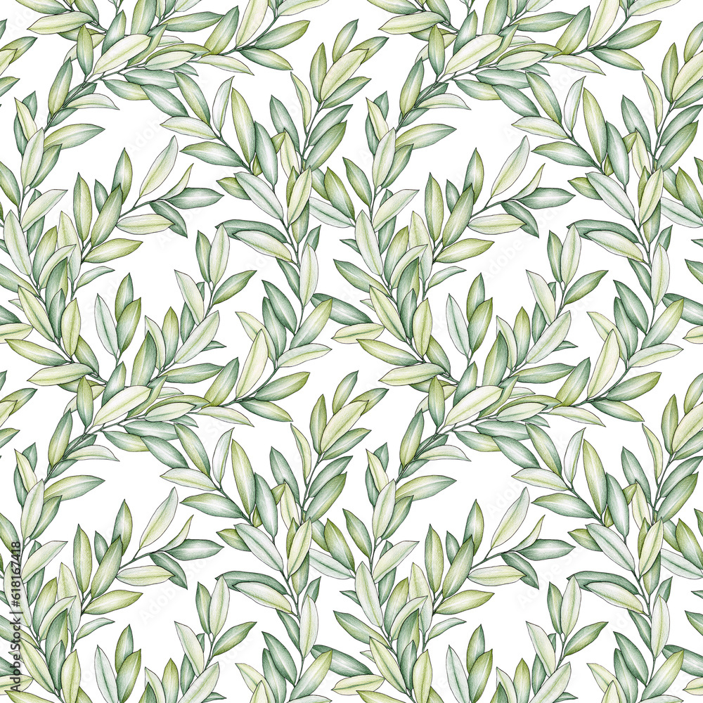 Seamless pattern with green olive branches on white background