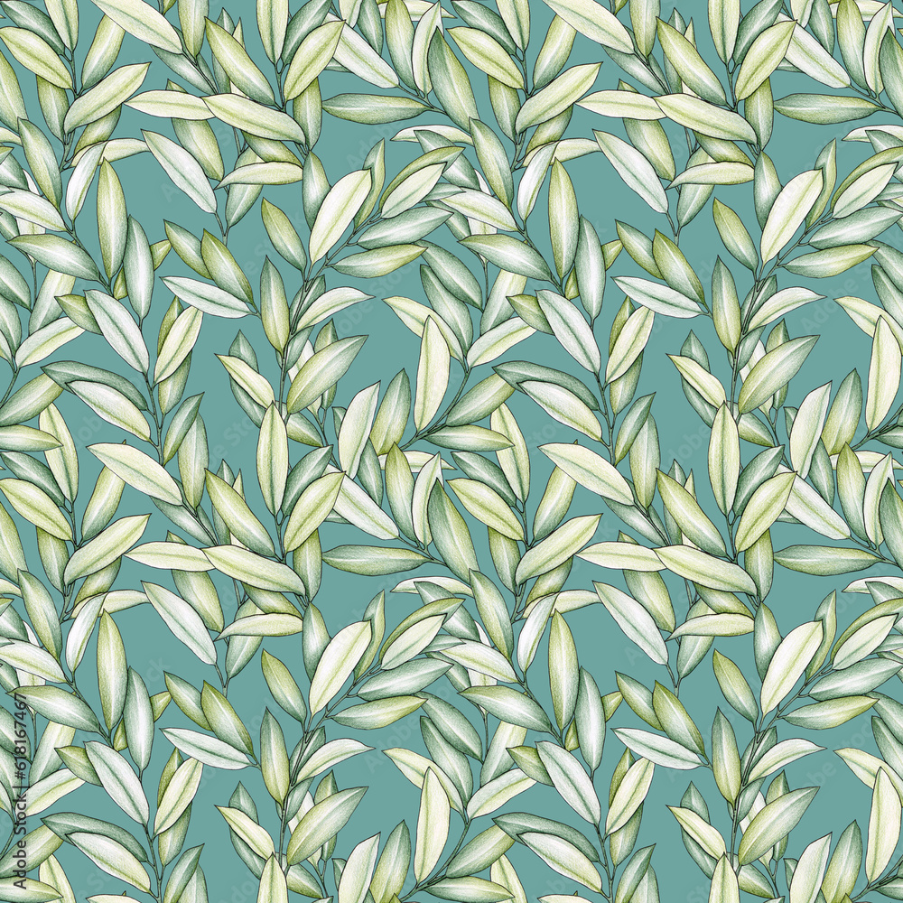 Seamless pattern with green olive branches on turquoise background Seamless pattern with green olive branches on turquoise background