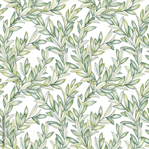 Seamless pattern with green olive branches on white background