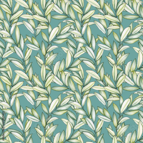 Fototapeta Naklejka Na Ścianę i Meble -  Seamless pattern with green olive branches on turquoise background