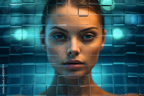 A woman's face behind a glass mosaic, Generative AI.