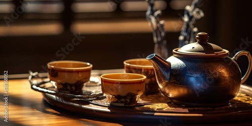 AI Generated. AI Generative. Traditional classit vintage retro ceremony chinese asia te teapot cup table ritual wooden table. Calm inner peace relax beverage time vibe. Graphic Art