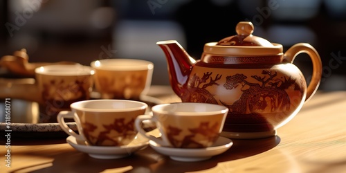 AI Generated. AI Generative. Traditional classit vintage retro ceremony chinese asia te teapot cup table ritual wooden table. Calm inner peace relax beverage time vibe. Graphic Art