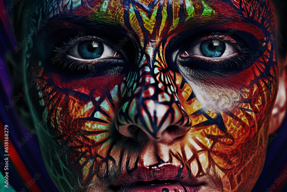 Artful Illusions: Commercial Shoot Showcasing the Power of Face Art and Body Painting, Generative AI.