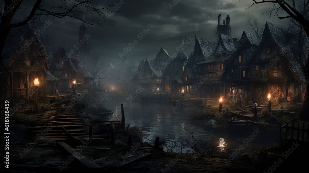 Naklejka premium Misty Moonlight: Gothic Architecture in Medieval Village - Generative AI