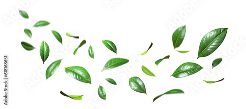 Realistic green leaves movement flying isolate on transparent backgrounds 3d rendering png