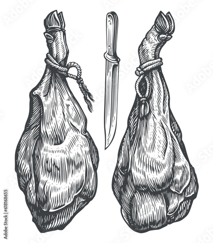 Whole leg ham hanging with rope. Dry meat farm food. Vector illustration