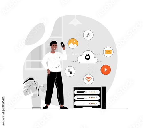 Cloud computing and cloud storage. Data infrastructure service, database security. Man organize information on server. Illustration with people scene in flat design for website and mobile development.