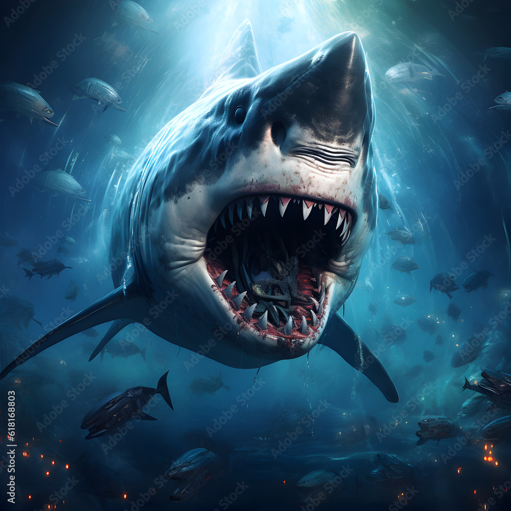 Obraz premium Unleash the Ancient Power: Witness the awe-inspiring AI-generated image of the mighty Megalodon, a prehistoric shark that ruled the ancient seas. Dive into history with this captivating photo.