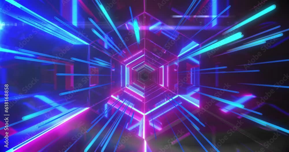 Animation of neon light trails and digital tunnel over black background Animation of neon light trails and digital tunnel over black background
