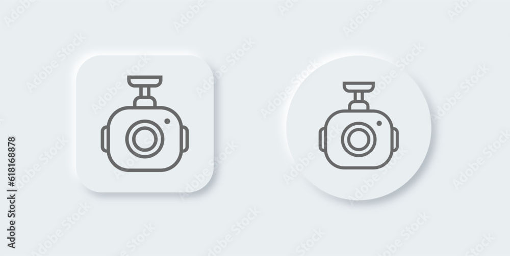 Dash cam line icon in neomorphic design style. Car camera signs vector illustration. Dash cam line icon in neomorphic design style. Car camera signs vector illustration.