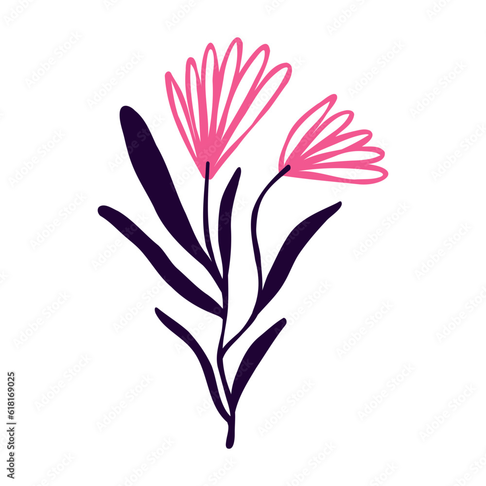 Creative quirky pink flowers, bright card with wildflowers in vibrant colors