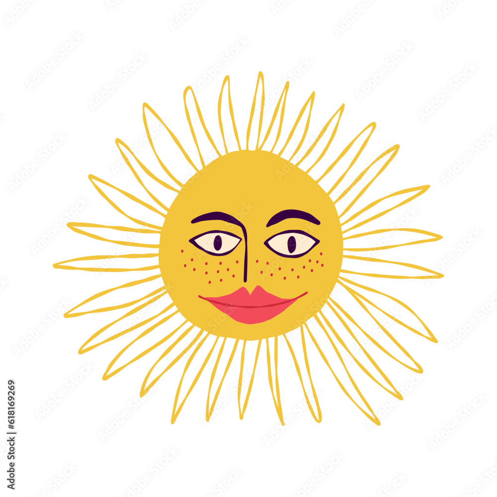 Awesome funny sun with a charming smiling face. Hand-drawn illustration in retro style