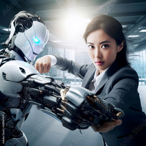 woman fighting with a robot.