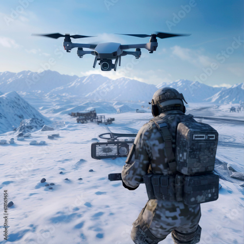 soldiers working with drone at a warzone