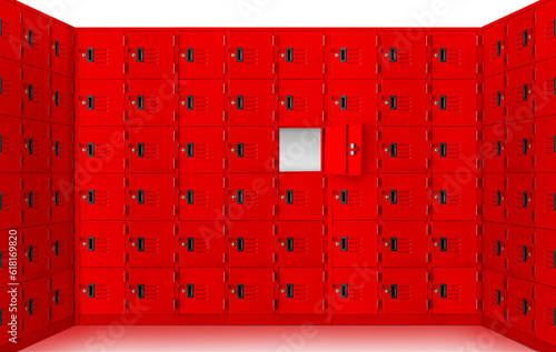 Quadro su tela Deposit red locker boxes or gym lockers inside of a room with one central opened