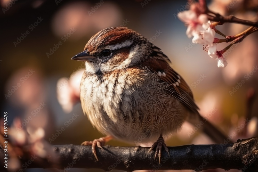 Naklejka premium sparrow on a branch with flowers