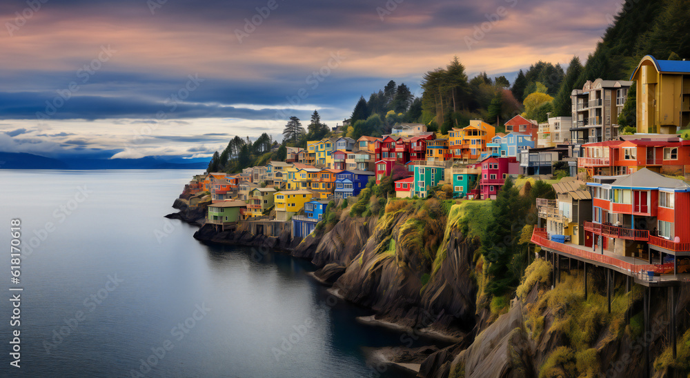 Aerial view of beautiful colorful houses built on the rocky slope of a mountain, Signal Hill in St. John’s, Newfoundland, Canada style
