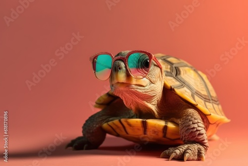 tortoise with a glasses pink background