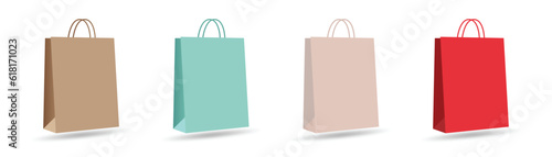 Paper Shopping bag mockups on  isolated white background. Realistic 3d mockup of paper bags.