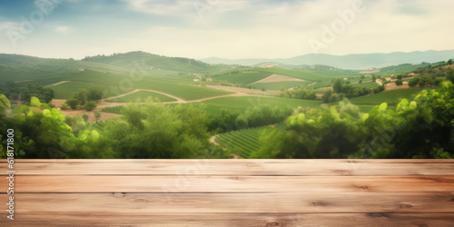 Empty wood table with blurred vineyard landscape background, template display for montage products. Front view wooden table, green field, sunny day. Generative AI photo.