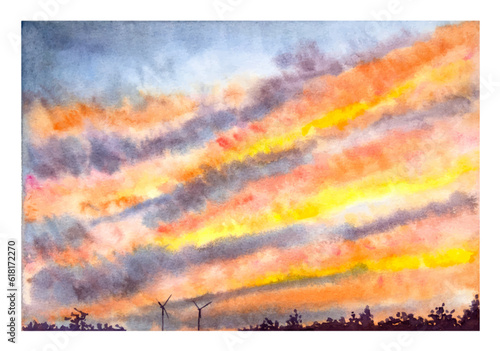 Hand drawn watercolor sunset sky with bushes and windmills silhouettes on the horizon.