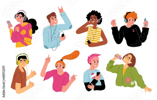 Happy youth with headphones. Cartoon funny guys and girls listen to music, dance, smartphone audio, modern people with gadgets, vector set