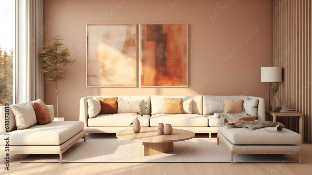Fototapeta premium Stylish Living Room Interior with an Abstract Frame Poster, Modern interior design, 3D render, 3D illustration