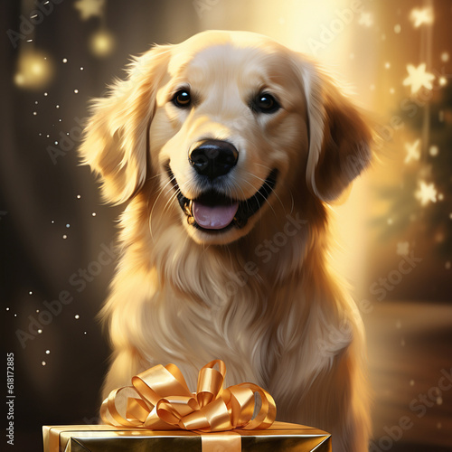 Golden Retriever mit Weihnachtsgeschenk an Weihnachten im Gegenlicht