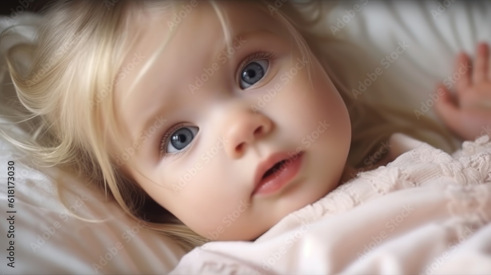 Portrait of happy cute little girl with blue eyes lying in bed. Cute little girl lying in bed and looking at the camera. Portrait of beautiful little female child with big eyes lying on bed at home. Portrait of happy cute little girl with blue eyes lying in bed. Cute little girl lying in bed and looking at the camera. Portrait of beautiful little female child with big eyes lying on bed at home.