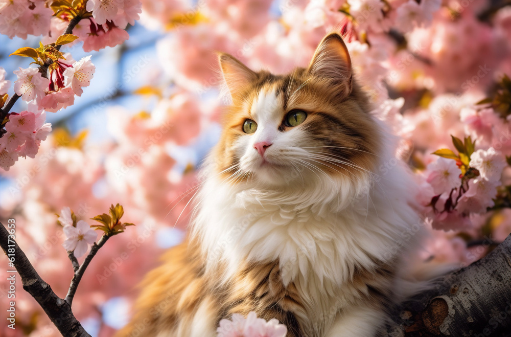 Fluffy cat sitting on the cherry tree with pink flowers in full bloom
