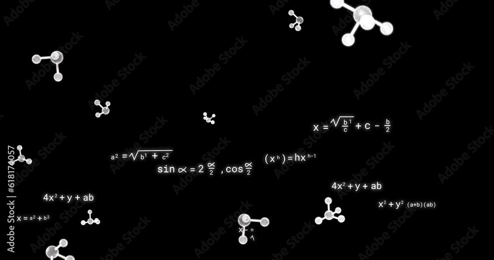 Animation of molecules over mathematical equations on black background Animation of molecules over mathematical equations on black background