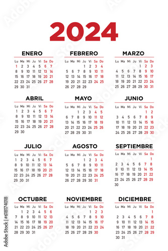 calendario 2024 en español, semana comienza el lunes. Sábados y domingos.