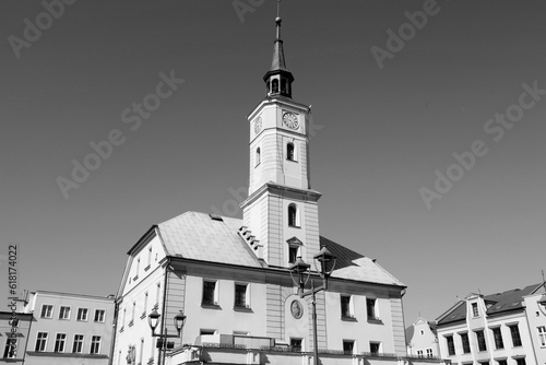 Gliwice city town square - Rynek. Black and white vintage style photo.