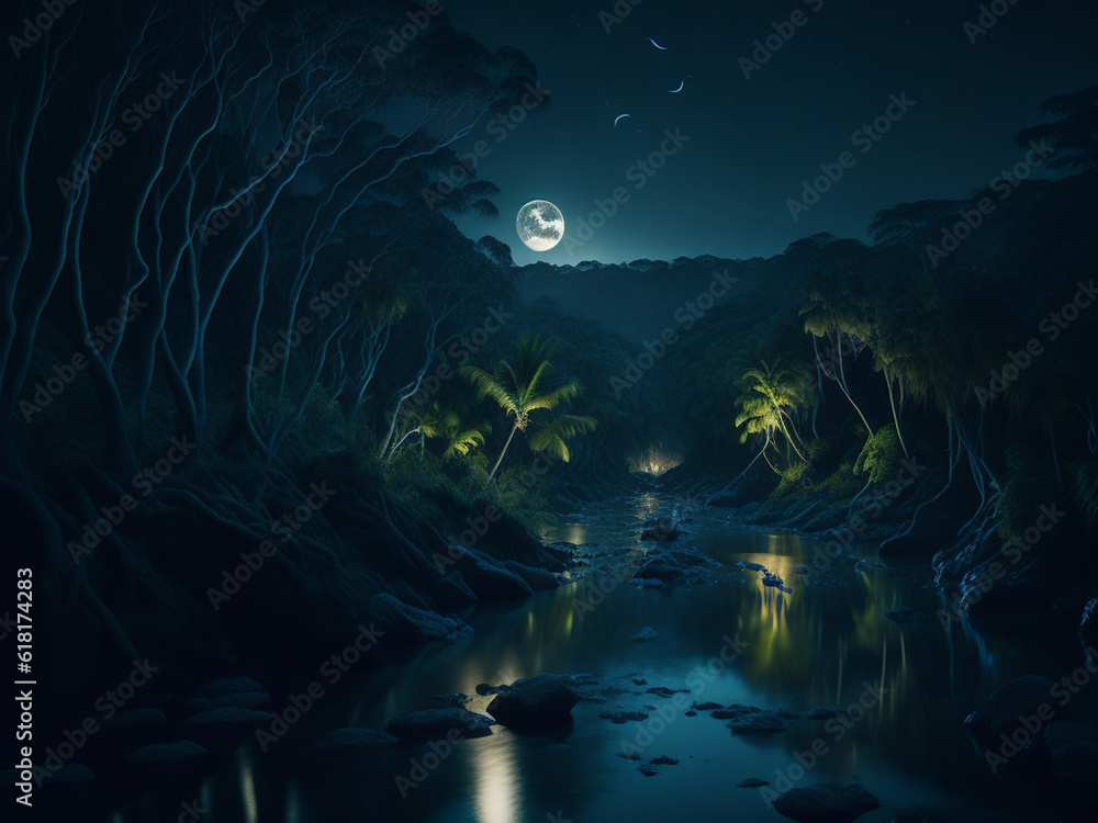 A winding jungle river illuminated by the moon