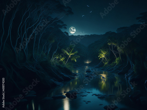 A winding jungle river illuminated by the moon