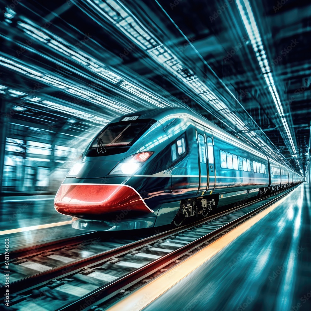 High speed train in motion on the railway station at sunset. Fast ...