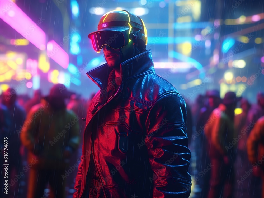 Cyberpunk man standing in a crowded market street, illuminated by a neon sign, futuristic attire (Genereative AI)