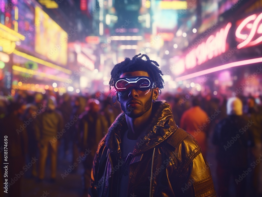 Cyberpunk man standing in a crowded market street, illuminated by a neon sign, futuristic attire, high-tech visor (Genereative AI)
