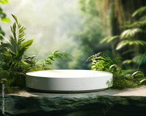 Nature-Inspired Stone Product Display Podium Against a Serene Garden Backdrop: Showcasing Elegance and Harmony Generative ai