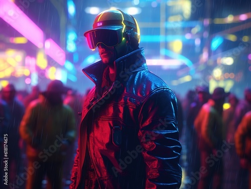 Cyberpunk man standing in a crowded market street, illuminated by a neon sign, futuristic attire (Genereative AI) © Simone